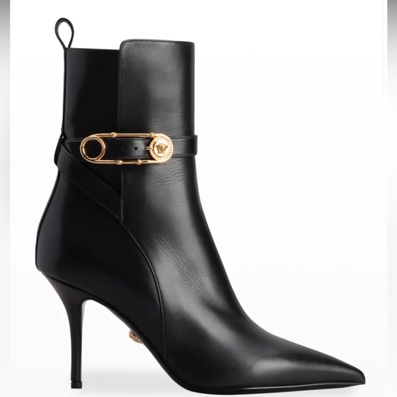 VERSACE Safety Pin Leather Stiletto Booties